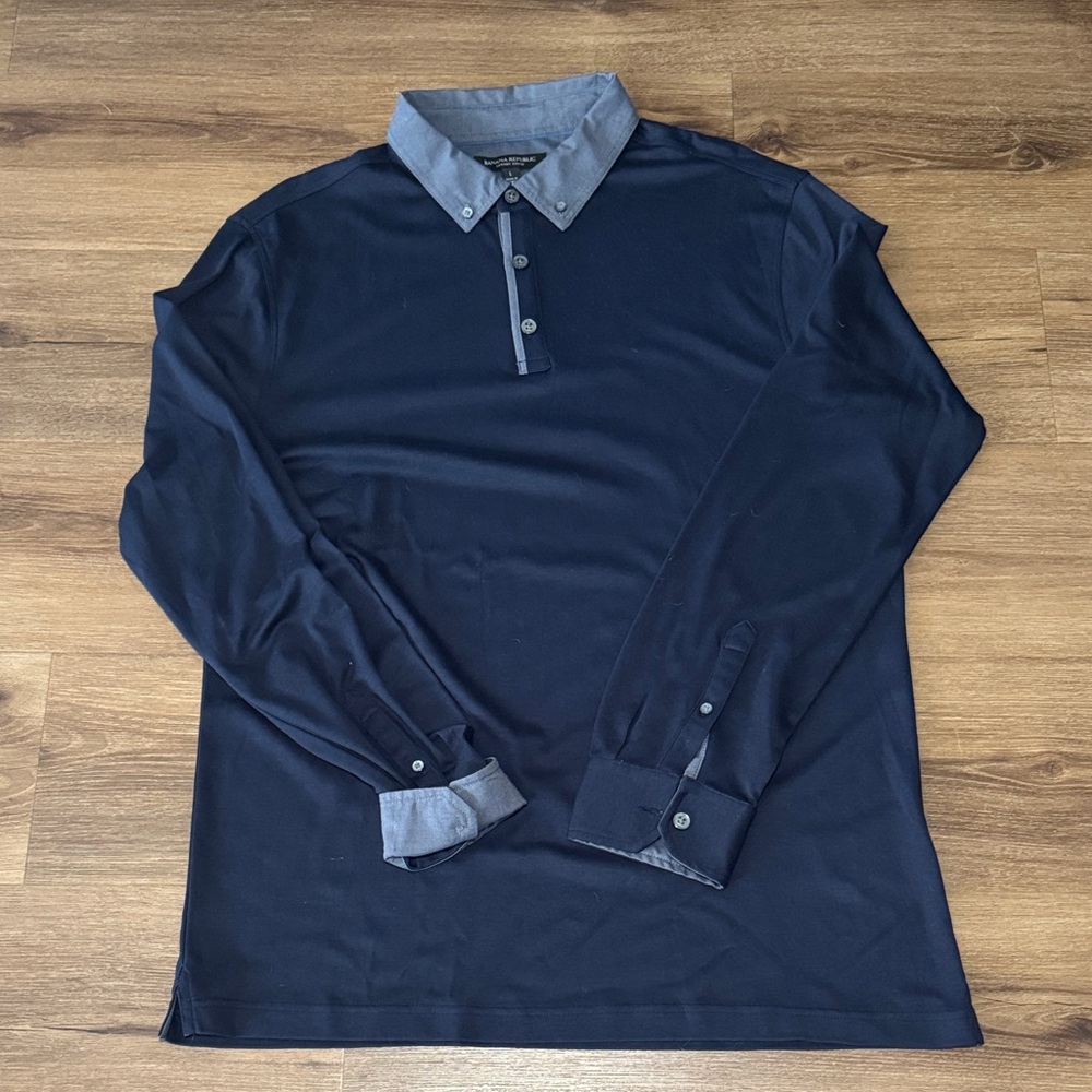 Men's Navy Banana Republic LUXE-TOUCH WOVEN-COLLAR LONG-SLEEVE POLO. Size L